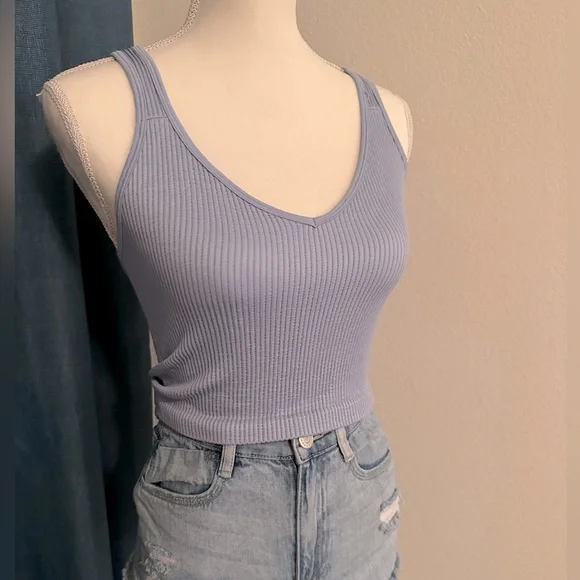 Blue Stretchy Ribbed Crew Neck Crop Top Tank Sleeveless Size S/M - Picture 4 of 6